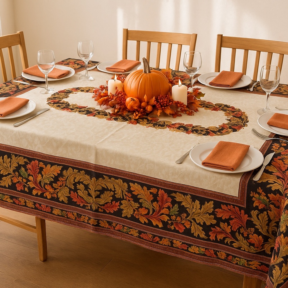 Vintage Baroque Damask Tablecloth - Fall Harvest Acanthus Leaf Border - 1980s